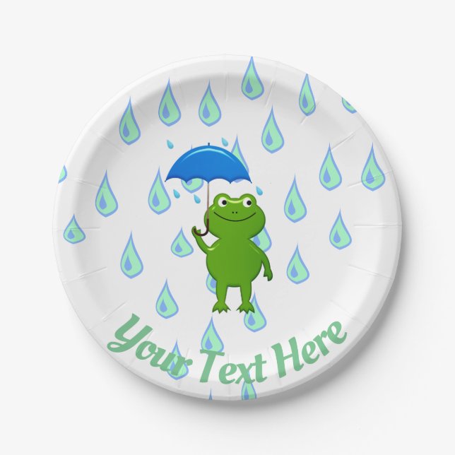 Cute Kawaii Frog and Rain Paper Plate (Front)