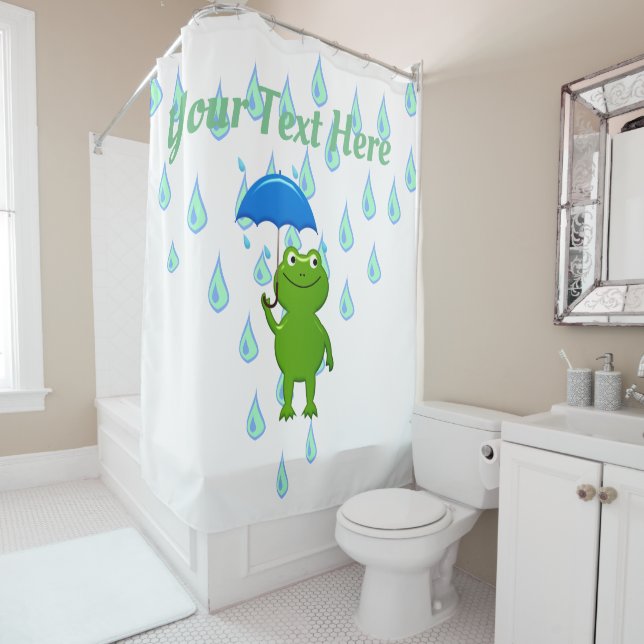 Cute Kawaii Frog and Rain Shower Curtain (In Situ)