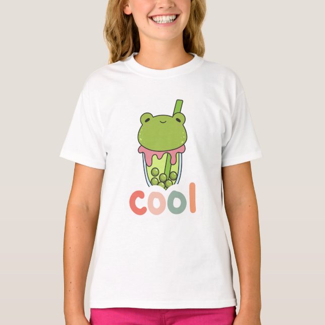 Cute Kawaii Frog Bubble Tea Cool Typography Vector T-Shirt (Front)