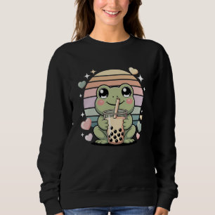 Cute Kawaii Frog Bubble Tea Lover Pastel Hearts Sweatshirt