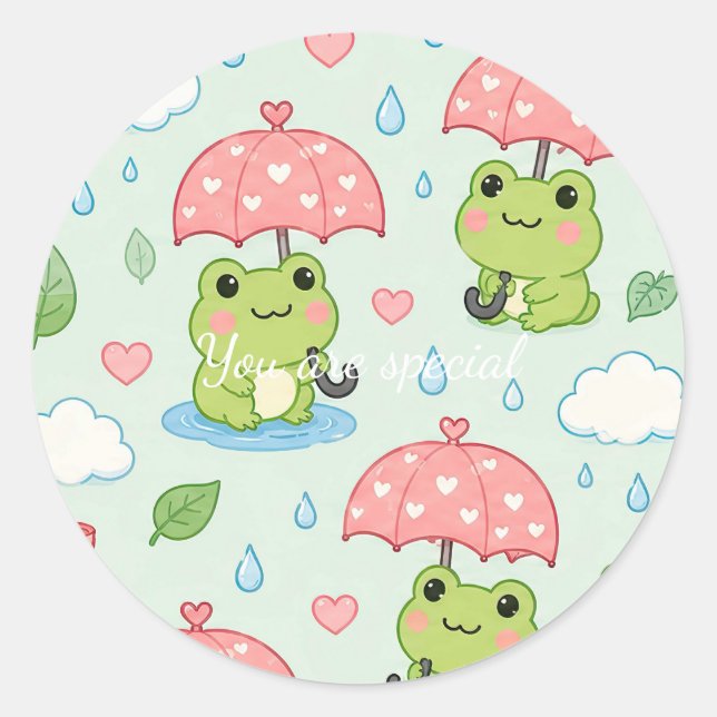 Cute Kawaii Frog Heart Umbrella Pattern Classic Round Sticker (Front)