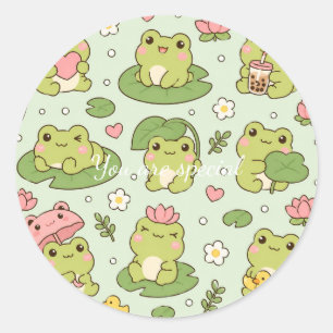 Cute Kawaii Frog Lily Pad Pattern Pastel Pond Ae Classic Round Sticker
