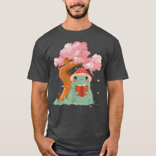 Cute kawaii frog reading Sakura Cherry Blossom tre T-Shirt