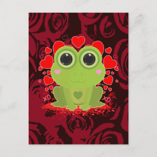 Cute Kawaii Frog With Hearts and Abstract Red Rose Postcard
