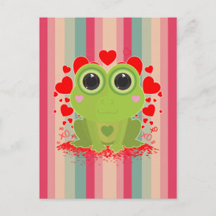 Cute Kawaii Frog With Hearts on Pastel Striped Postcard