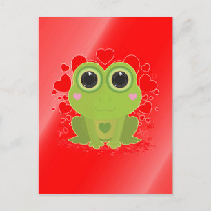 Cute Kawaii Frog With Hearts on Shiny Red Gradient Postcard