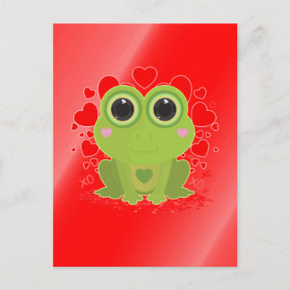 Cute Kawaii Frog With Hearts on Shiny Red Gradient Postcard