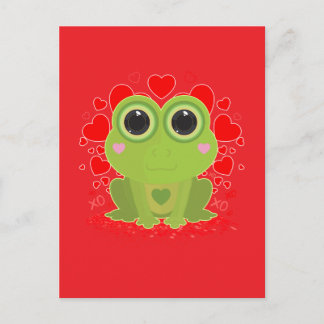 Cute Kawaii Frog With Hearts on Solid Red Postcard