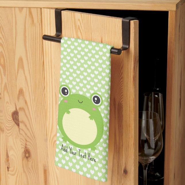 Cute Kawaii Frog with Personalised Text and Photo  Tea Towel (Thirds Fold)