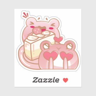Cute Kawaii Frogs Eating Strawberry Cake