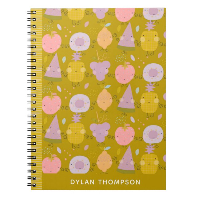 Cute Kawaii Fruit Pattern Personalised Name Green Notebook (Front)