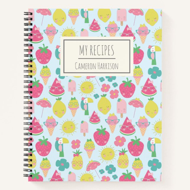 Cute Kawaii Fruit Personalised Kids Recipe Notebook (Front)