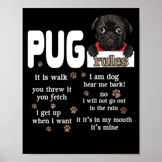 Cute Kawaii Funny Black Pug Dog Rules Gifts Poster (Front)