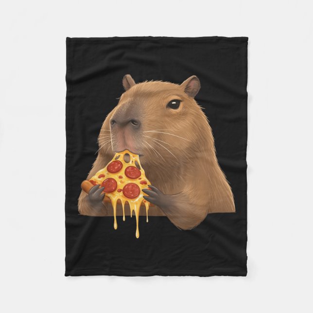 Cute Kawaii Funny Capybara Eating Pizza Girls Boys Fleece Blanket (Front)
