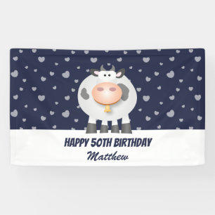 Cute Kawaii Funny Cartoon Cow Happy 50th Birthday Banner