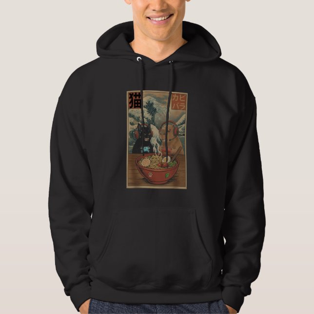 Cute Kawaii Gamer Cat & Capybara Ramen Retro Japan Hoodie (Front)