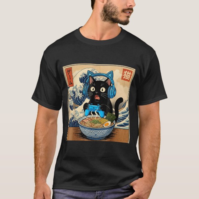 Cute Kawaii Gamer Cat Funny Ramen Japanese Cat Gam T-Shirt (Front)