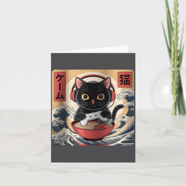 Cute Kawaii Gamer Cat Funny Ramen Retro Japanese C Card (Front)