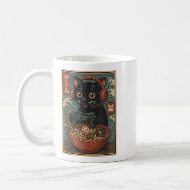 Cute Kawaii Gamer Cat Funny Ramen Retro Japanese C Coffee Mug (Left)