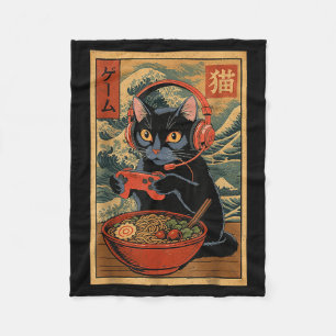 Cute Kawaii Gamer Cat Funny Ramen Retro Japanese C Fleece Blanket
