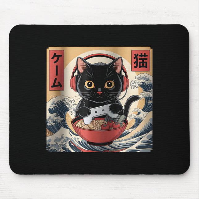 Cute Kawaii Gamer Cat Funny Ramen Retro Japanese C Mouse Pad (Front)