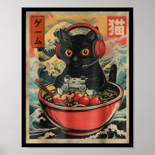 Cute Kawaii Gamer Cat Funny Ramen Retro Japanese C Poster
