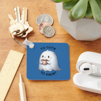 Cute Kawaii Ghost Holding Coffee Watercolor  Key Ring
