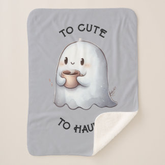 Cute Kawaii Ghost Holding Coffee Watercolor  Sherpa Blanket