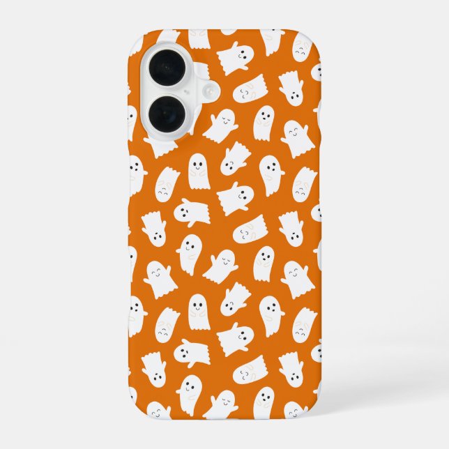Cute Kawaii Ghost Pattern on Orange Background  iPhone 16 Case (Back)