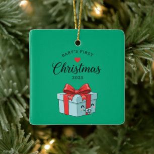 Cute Kawaii Gift Box Baby's First Christmas 2025 Ceramic Ornament