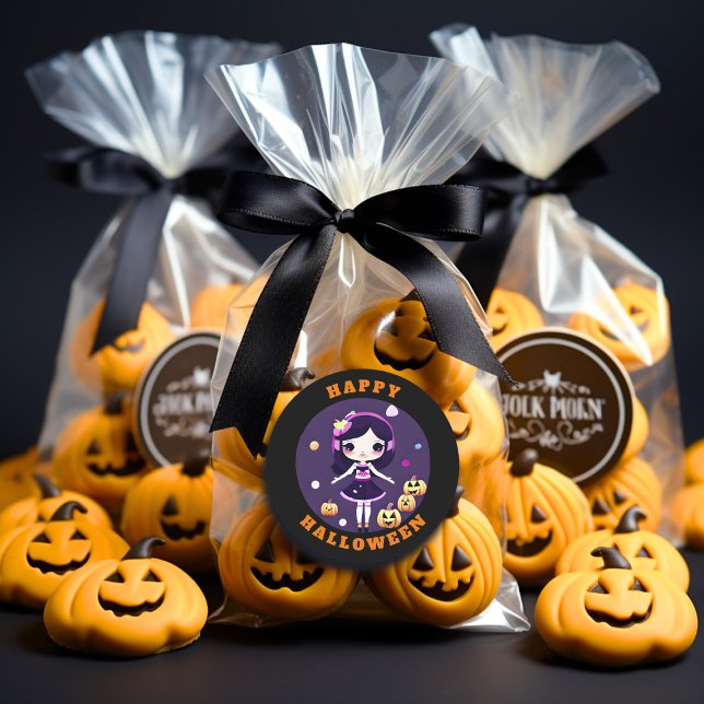 Cute Kawaii Girl in Pumpkins Halloween Classic Round Sticker (Creator Uploaded)
