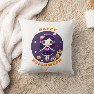 Cute Kawaii Girl in Pumpkins Halloween Cushion