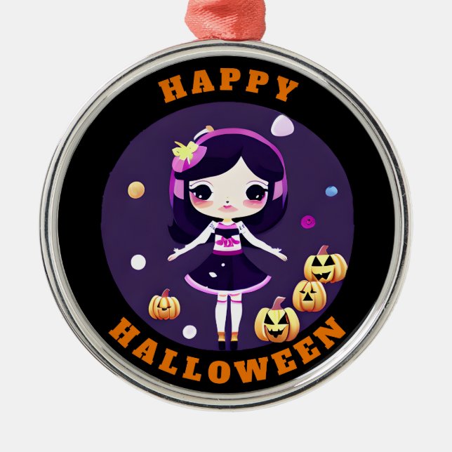 Cute Kawaii Girl in Pumpkins Halloween Metal Ornament (Front)