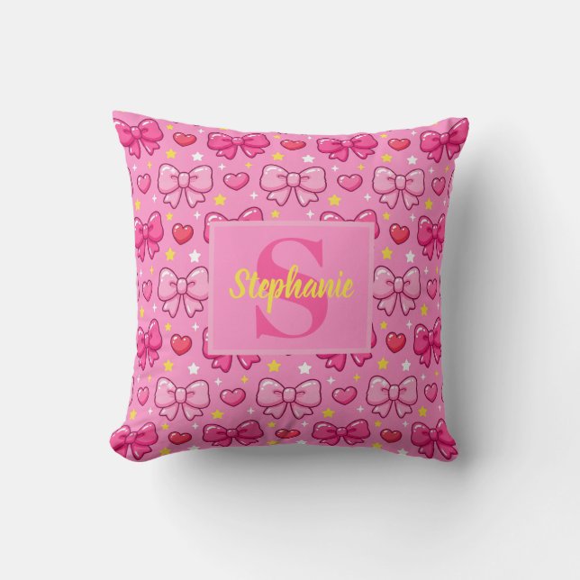 Cute Kawaii Girly Pink Bows Personalized Monogram Cushion (Front)