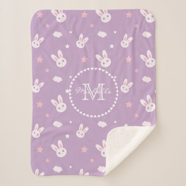 Cute Kawaii Girly Pink Bunny Rabbit Pastel Purple Sherpa Blanket (Front)