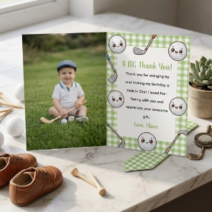 Cute Kawaii Golf Birthday Photo Green Gingham Thank You Card