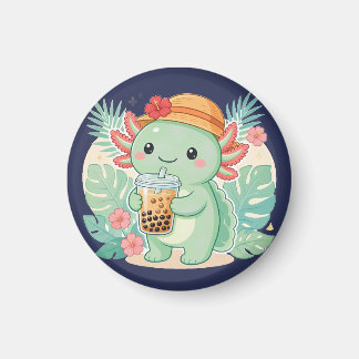 Cute Kawaii Green Axolotl Drinking Boba Tea Fridge Magnet
