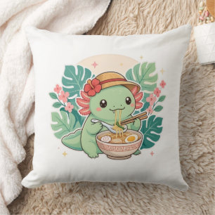 Cute Kawaii Green Axolotl Eating Ramen Noodle Cushion