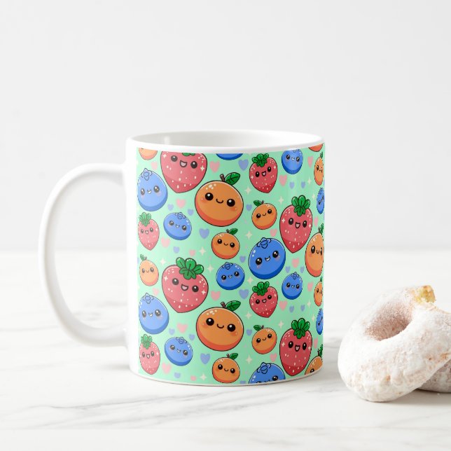 Cute Kawaii Green Orange Blue Fruit Coffee Mug (With Donut)