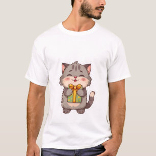 Cute Kawaii Grey Kitty Hugging Floral Gift Box ✨🎁 T-Shirt