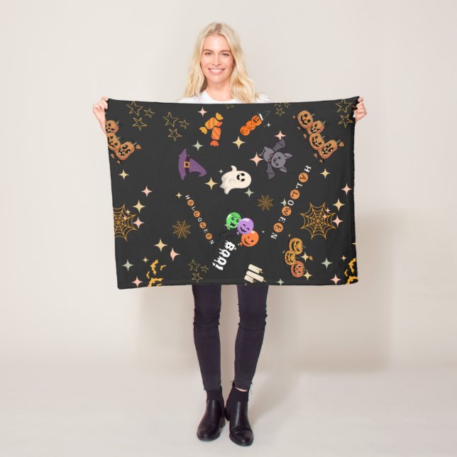 Cute Kawaii Halloween Doodles Spooky Pattern Fleec Fleece Blanket (In Situ)