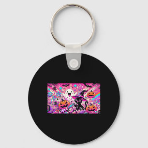 Cute Kawaii Halloween Ghost And Black Cat Art Key Ring