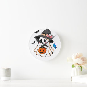Cute Kawaii Halloween Ghost in Witch Hat with Pump Round Clock