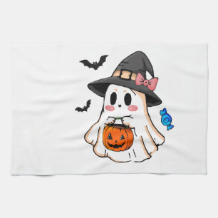 Cute Kawaii Halloween Ghost in Witch Hat with Pump Tea Towel