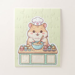 Cute Kawaii Hamster Chef Baking Cupcakes Pastel Jigsaw Puzzle