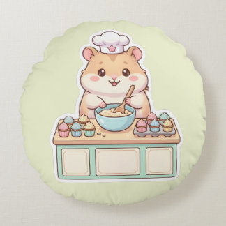 Cute Kawaii Hamster Chef Baking Cupcakes Round Cushion