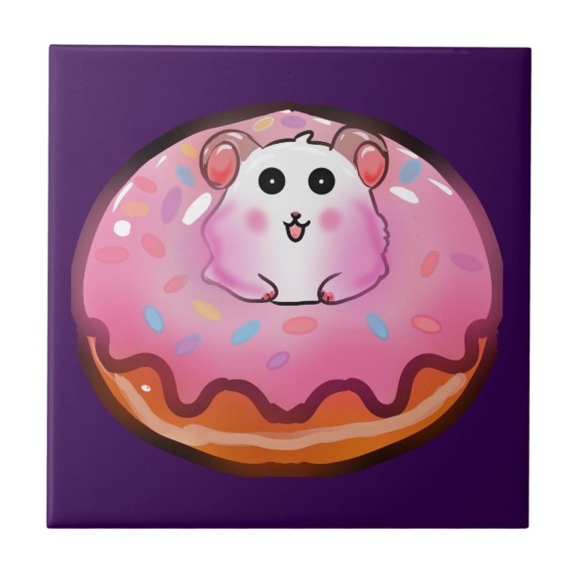 Cute Kawaii Hamster in Pink Frosted Donut Art Ceramic Tile (Front)