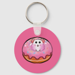 Cute Kawaii Hamster in Pink Frosted Doughnut Art Key Ring