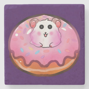Cute Kawaii Hamster in Pink Frosted Doughnut Art Stone Coaster