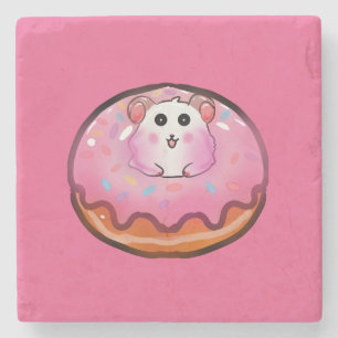 Cute Kawaii Hamster in Pink Frosted Doughnut Art Stone Coaster